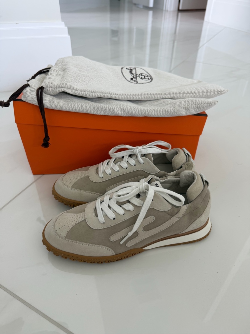 Hermes Beige, White and Gum Suede & Leather Sneakers